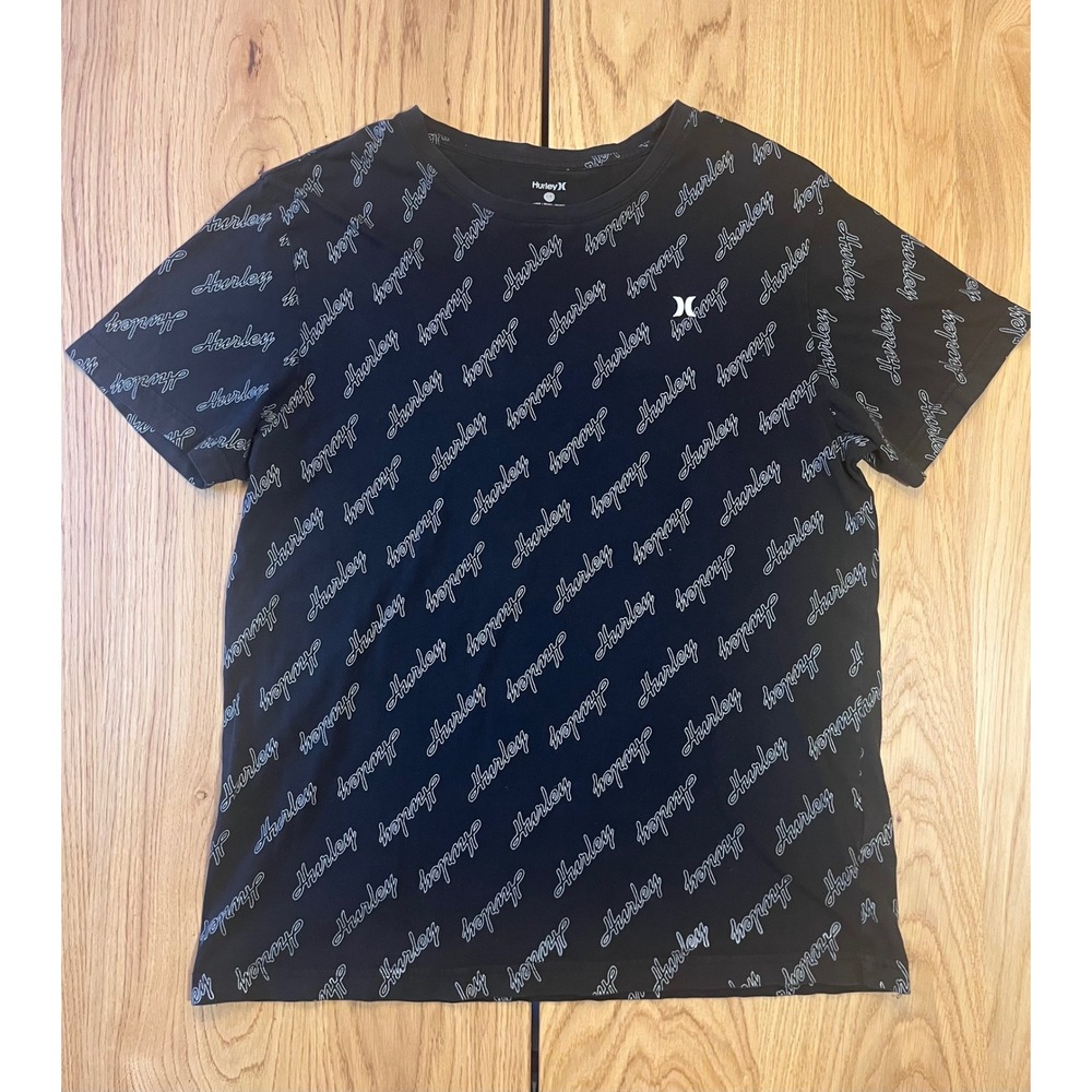 Hurley Script All Over Print T-Shirt Mens Size Large Black Surf Skate Tee